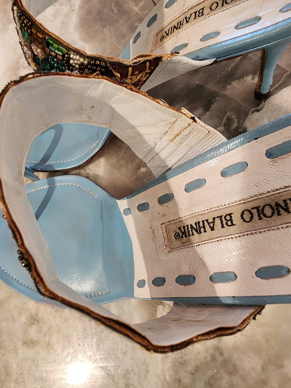 Manolo Blahnik Blue Beaded Strap Toe-Loop Sandals - Picture 7 of 13